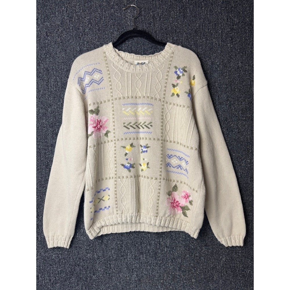 VTG Northern Reflections Floral Patchwork Knit Sweater Sz L Grandmacore Cottage